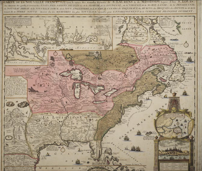 Carte des territoires colonisés ayant constitué la Nouvelle-France (en rose) en 1748