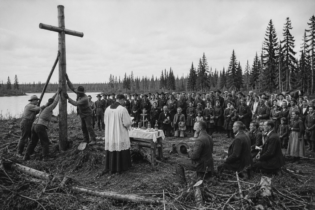 Le 23 mai, une croix est plantée dans le sol pour marquer symboliquement la prise de possession du site. Ce lieu deviendra bientôt Saint-Brieux.